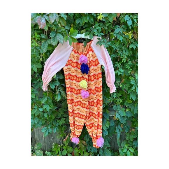 Vintage 70s Handmade Knit Clown Costume PomPoms 2 Hats Pink Red Yellow - Picture 1 of 16